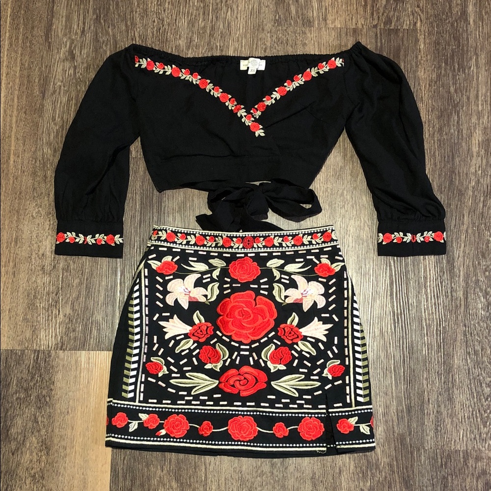 Herencia Black Floral Embroidered Wrap Crop Top and Skirt Set
